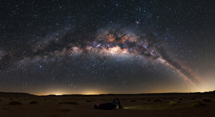 Man lying under vast milky way in desert at night. Night sky with stars, galaxy, horizon. Travel, astronomy, universe concept.