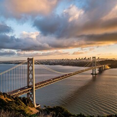 Panoramic view of San Francisco and the Bay Bridge (Oakland Bay Bridge) during sunrise or sunset. Beautiful sky with clouds over the city skyline and water