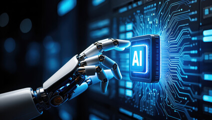 A robotic arm interacts with an illuminated AI circuit board, symbolizing advanced technology and the future of artificial intelligence.