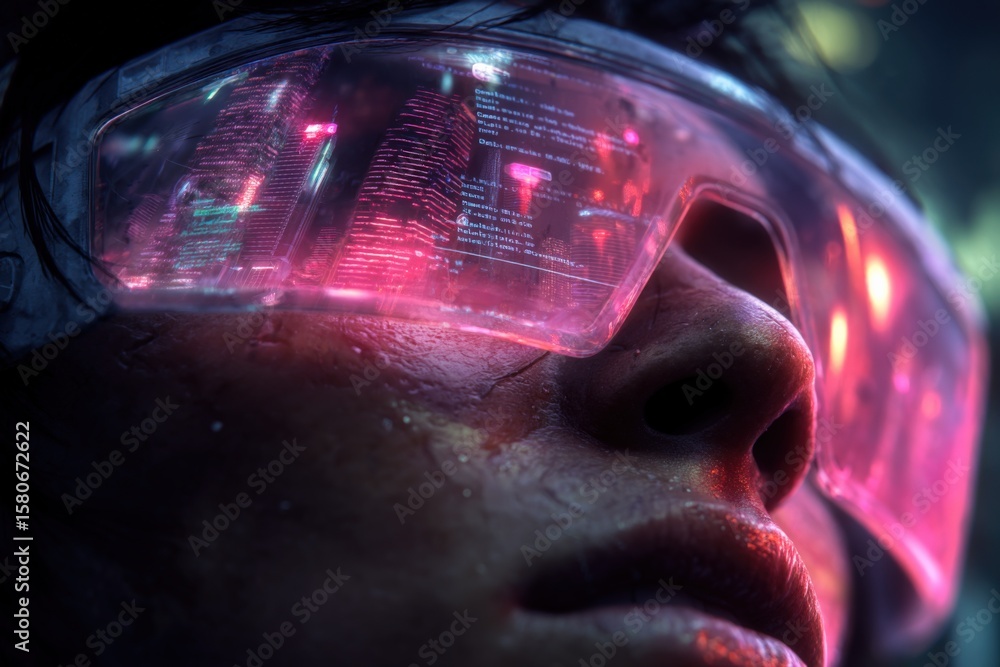 Poster close-up of a futuristic person wea reflective digital visor glasses with glowing colorful data proj