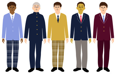 いろんな国の男子学生たち制服正面全身アイコンセット5人