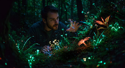 A man in a dark forest reaching out to touch luminous plants and glowing mushrooms. Fantasy natural landscape concept.
