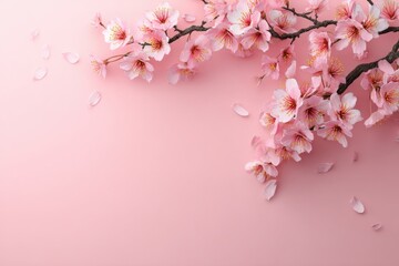 Beautiful Pink Cherry Blossom Branch with Blooming Flowers and Falling Petals on a Soft Pink Background for Sp Nature Theme