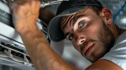 Focused Technician Repairing Air Conditioner with Intense Gaze, Professional Service and Maintenance, Residential Climate Control and Appliance Expertise Demonstrated with Skill.