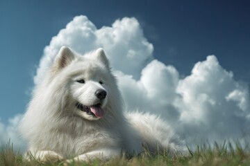 Obraz premium Peaceful white fluffy dog lying on green grass under a clear blue sky with white fluffy clouds du daytime