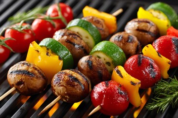 Grilling vegetable skewers with zucchini, mushrooms, bell peppers and cherry tomatoes