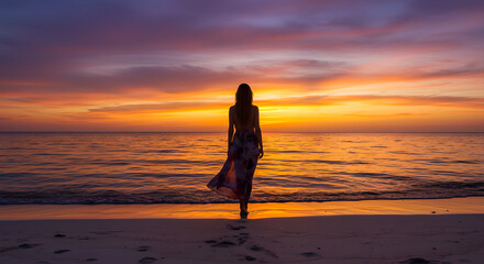 Woman on tropical beach looking at vast ocean during stunning sunset. Calm seascape with vibrant sky in vacation or travel concept.