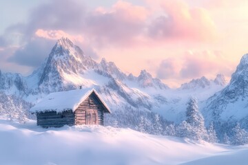Wooden Cabin on Snowy Hill with Mountain View