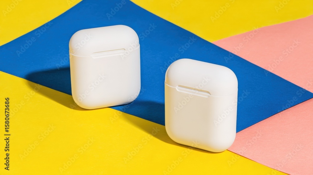 Poster two wireless earbud cases with open and closed lids placed on colorful geometric background for tech
