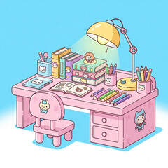 A pastel-colored study desk is neatly arranged with books, pencils, a lamp, and various cute animal-themed stationery. The chair and table are decorated with friendly cartoon characters.
