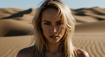 Young caucasian woman with windswept blonde hair staring intensely in a desert landscape. Outdoor lifestyle portrait.