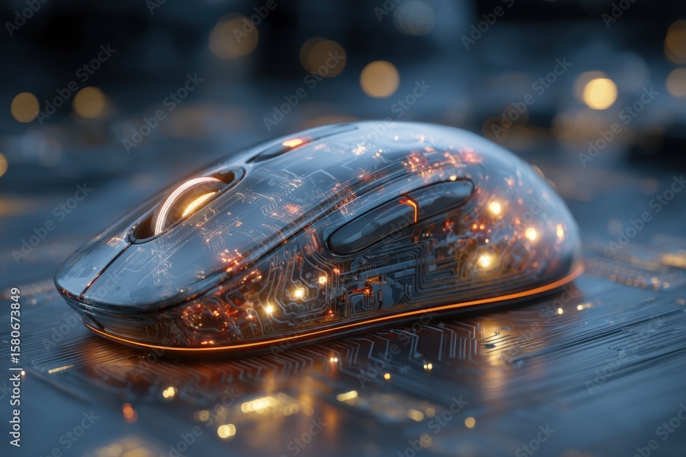 Poster futuristic transparent computer mouse with glowing circuitry and holographic effects on sleek dark s