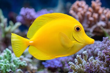 Naklejka premium Yellow tang fish swimming in a coral reef aquarium