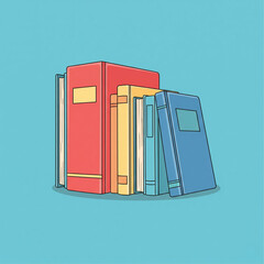 Several colorful cartoon books stand upright on a flat blue surface, arranged in different heights and angles.