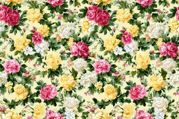 Lush Floral Pattern Seamless Texture Design featuring Yellow Pink White Roses Blooming in a Vibrant Garden
