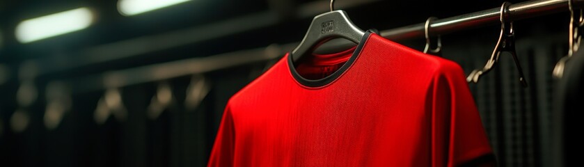 A vibrant red sports jersey hangs on a rack, set against a dimly lit backdrop, perfect for showcasing athletic wear, fashion retail, or sports branding materials,