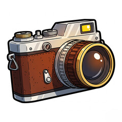 A vintage-style cartoon camera with a large lens, metallic details, and brown leather texture. Realistic yet playful.