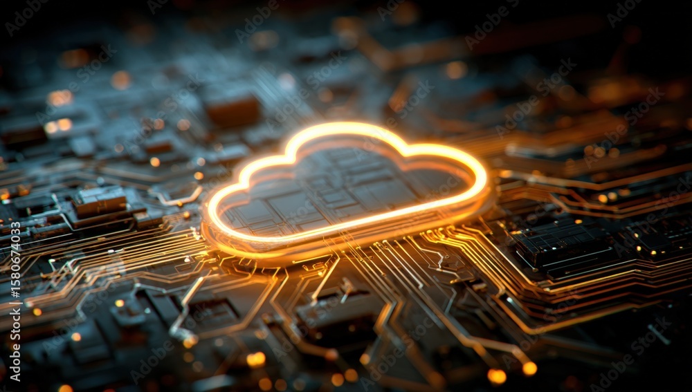 Poster futuristic digital cloud computing technology concept with glowing cloud icon and technological circ