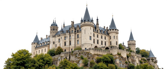 Majestic castle image showcasing intricate architecture, turrets, and lush greenery, exuding historical charm and fairytale-like grandeur on white backgrounds.  AI generated.
