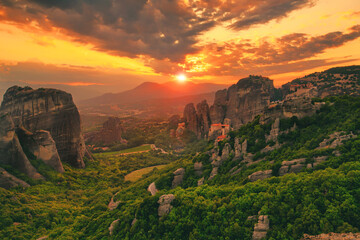 Beautiful sunset over the Rousanou Monastery in Meteora, Greece, Europe - Original format 2:3
