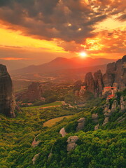 Beautiful sunset over the Rousanou Monastery in Meteora, Greece, Europe - portrait format for magazine cover