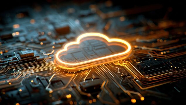 Futuristic digital cloud computing technology concept with glowing cloud icon and technological circuitry background in dark tones