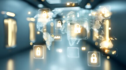 Futuristic Digital Security Concept with Lock Icons and Global Map in Abstract High-Tech Environment