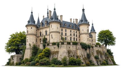Obraz premium Majestic castle image showcasing intricate architecture, turrets, and lush greenery, exuding historical charm and fairytale-like grandeur on white backgrounds. AI generated. 