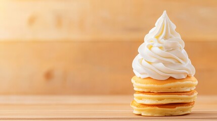 A stack of fluffy pancakes topped with a swirl of creamy whipped topping, set against a softly blurred wooden background, Perfect for food blogs, menu designs, or dessert-themed promotional materials