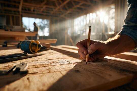 Craftsman hand drawing on detailed wooden workbench with tools in workshop illuminated by natural sunlight and warm ambient glow