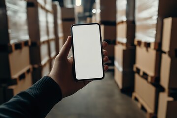 Hand Holding Smartphone with Blank Screen in Warehouse