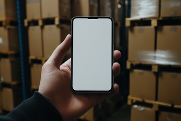Hand Holding Smartphone with Blank Screen in Warehouse