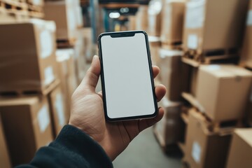 Hand Holding Smartphone with Blank Screen in Warehouse
