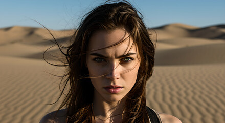Close up portrait of a young woman with intense green eyes in a desert landscape. Wind blowing her hair across her face in the vast wilderness.
