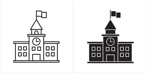 School Building Icon Set in Outline and Solid Styles, Featuring a Clock Tower and Flagpole for Education and Institutional Designs