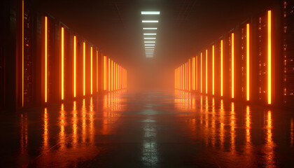 Data center corridor with server racks emitting bright orange light. Modern tech, digital infrastructure concept with futuristic design. Server room with computing cloud storage. Secure database,