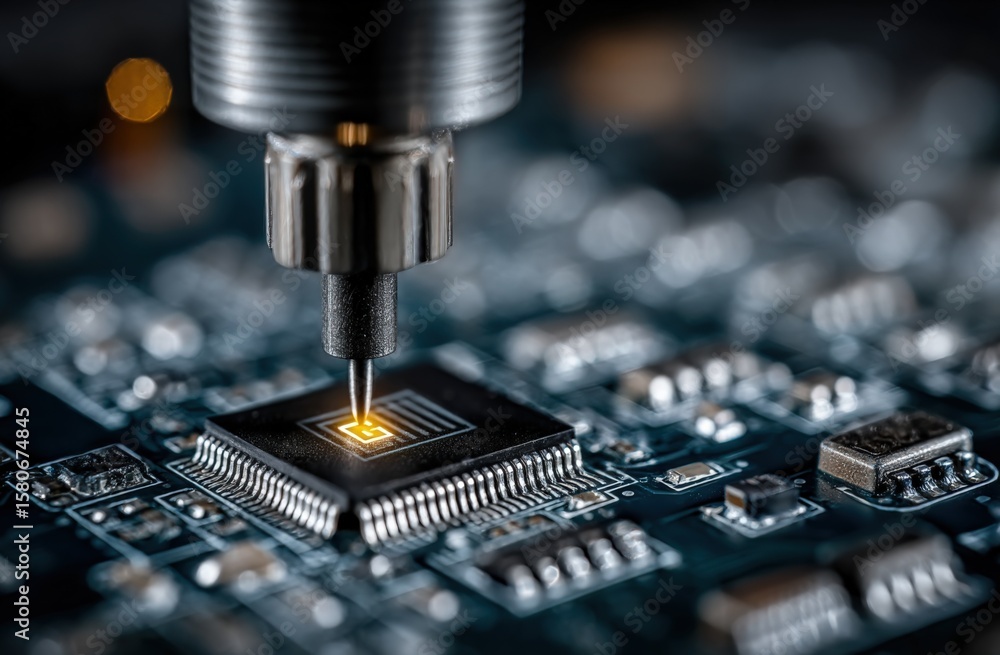 Poster close-up of a high-tech microchip with robotic solde process on printed circuit board technology ele