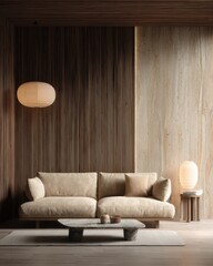 Cozy minimalist living room design with elegant beige sofa and modern wooden accents