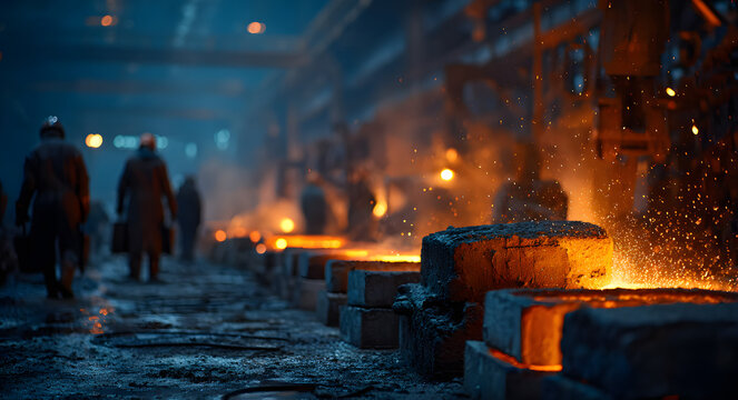 Metalworkers pour molten metal inside industrial foundry casting molds at steel factory