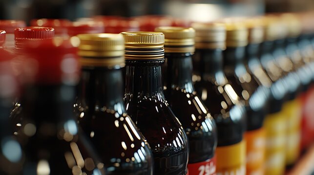 Bottles on Shelf Variety drinks Food Store.