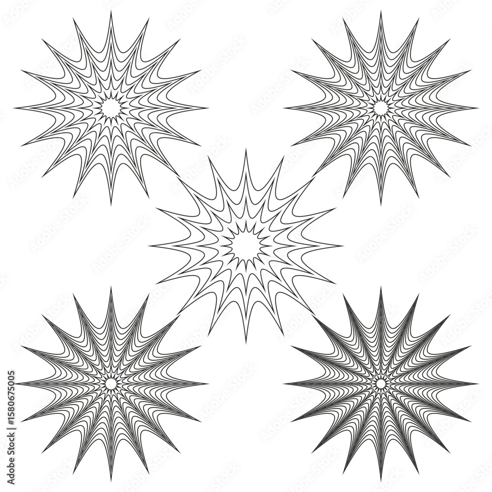 Poster abstract star set. optical illusion shapes. dynamic vector pattern. geometric spike illustration.