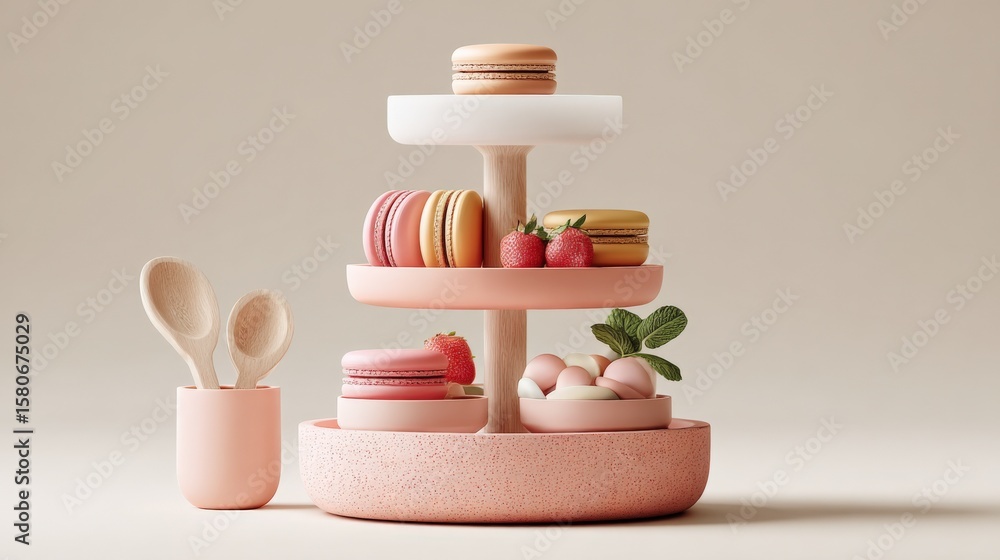 Poster elegant bakery display with colorful macarons and fresh strawberries on tiered stand and minimal ute