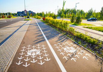 Bicycle path in Urbanization. Road marking of sign of bike path. Sign of Cycling lane on road track...