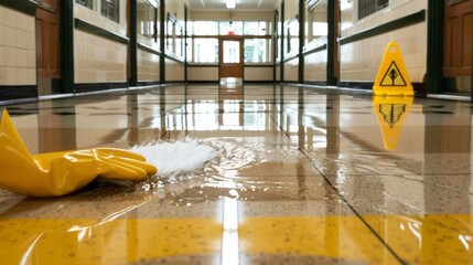 Hallway Under Repair: Cleaning up a Floor Leak with Safety First and Reflection, an important job with proper equipment is necessary