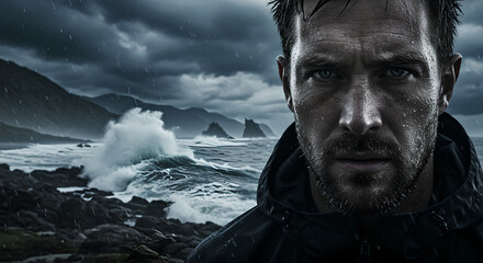 Man standing in rain, looking intensely during stormy weather at sea. Rugged male adventurer at coast with rough ocean and dark sky.