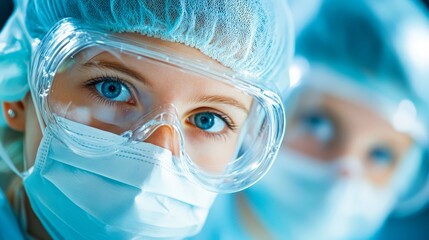 A close-up of a healthcare professional wearing protective gear, including goggles and a mask, emphasizes safety in medical environments, suitable for health articles, promotional materials