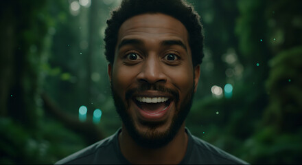 Excited African American man in nature, surprised and happy emotional portrait. Discovery moment in forest environment.