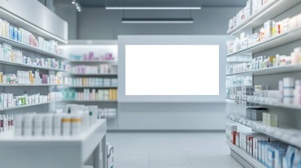 Pharmacy Interior with Empty Digital Advertising Banner