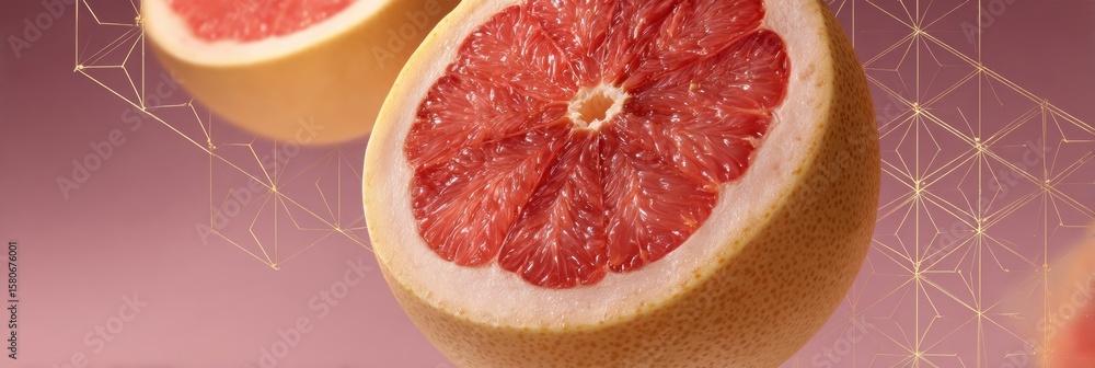 Poster grapefruit surrounded by geometric patterns and soft shadows, highlighting its vibrant colors and te