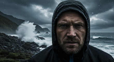 A caucasian man in a black hooded jacket looking intensely at the camera during a stormy rain at the rocky shore with crashing waves.